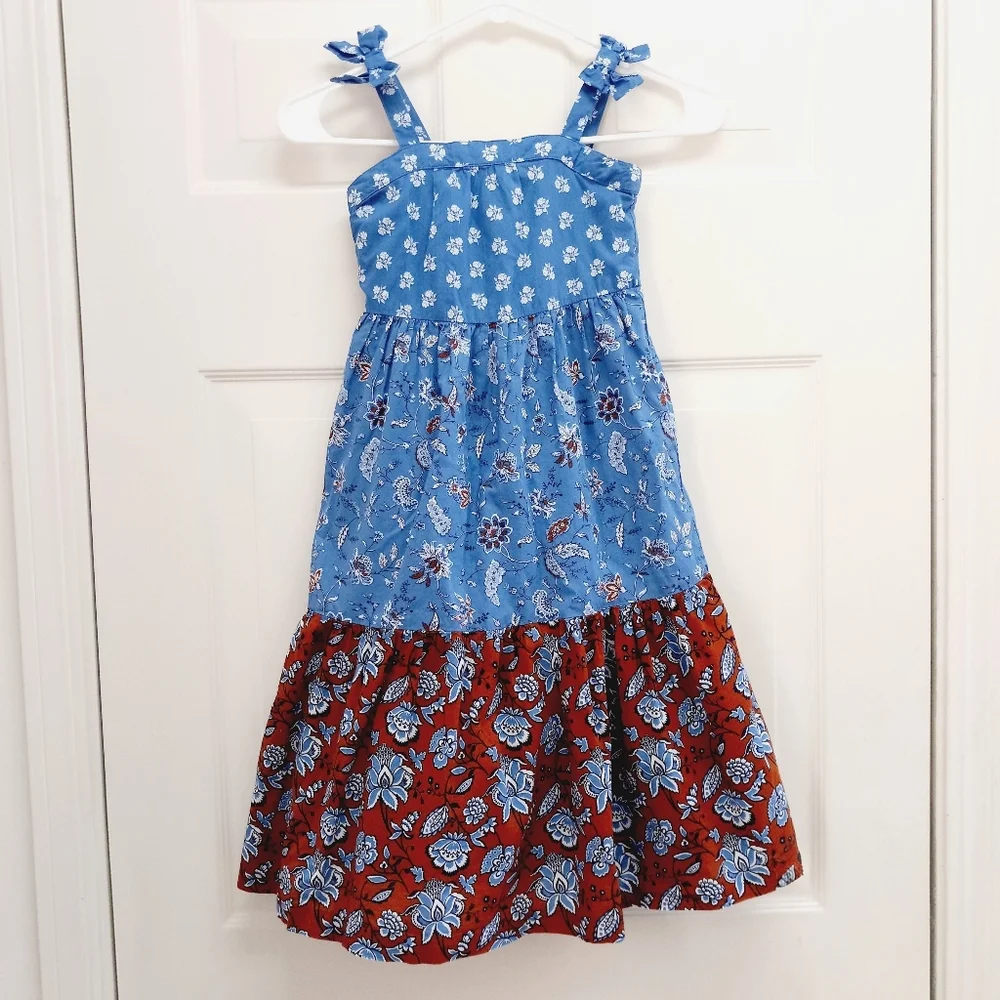 Janie And Jack Mixed Paisley Floral Maxi Dress Size 5 Blue Brown Tiered Summer - Picture 2 of 14